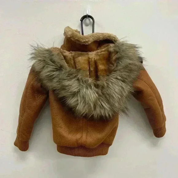 Robert Phillipe Brown‎ Faux Leather Kids Coat Jacket with Fur Hood Size 4 - Picture 2 of 5